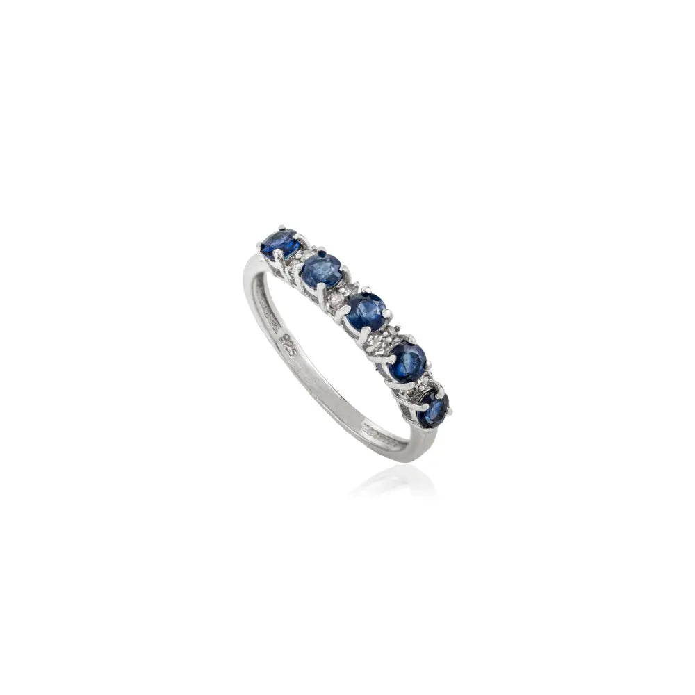 925 Sterling Silver Round Brilliant Cut Blue Sapphire & Diamond Half Eternity Band Ring