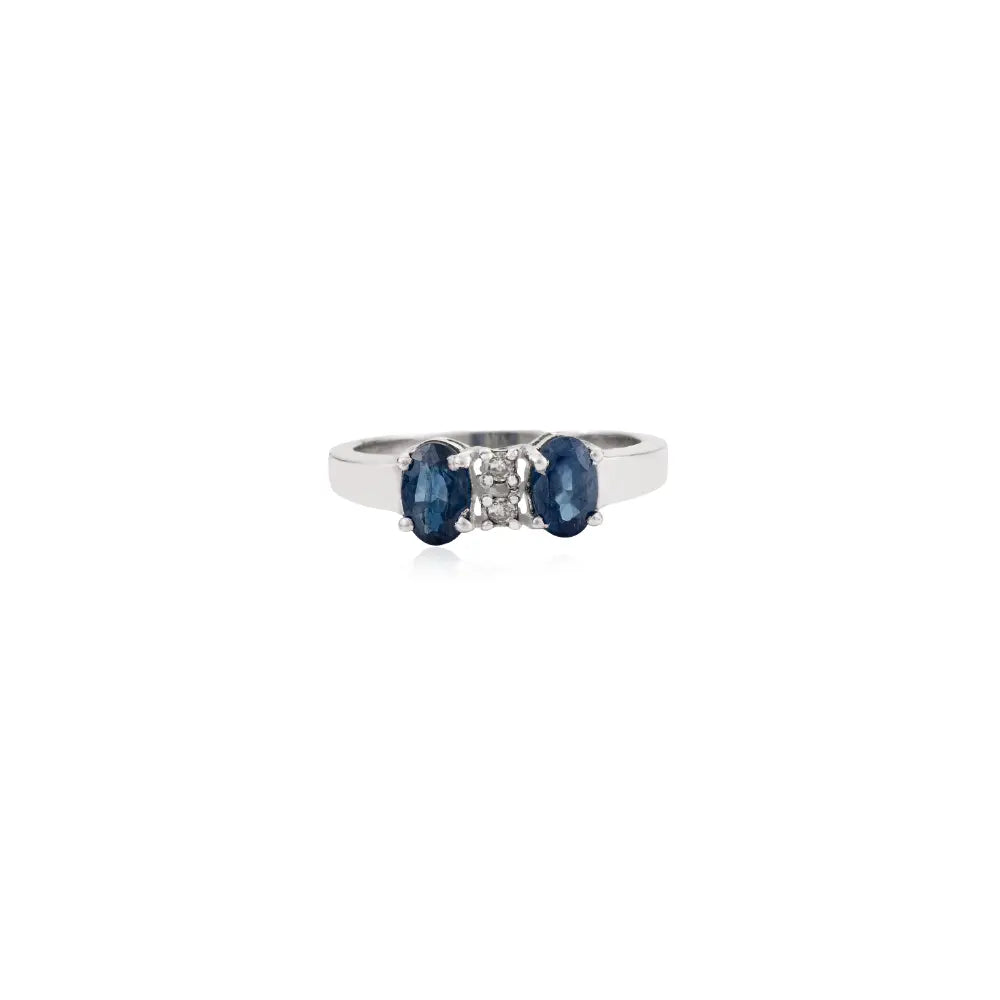 Best Selling Two Stone Natural Oval Blue Sapphire & Round Diamond 925 Silver Ring