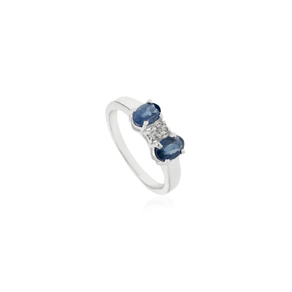 Best Selling Two Stone Natural Oval Blue Sapphire & Round Diamond 925 Silver Ring