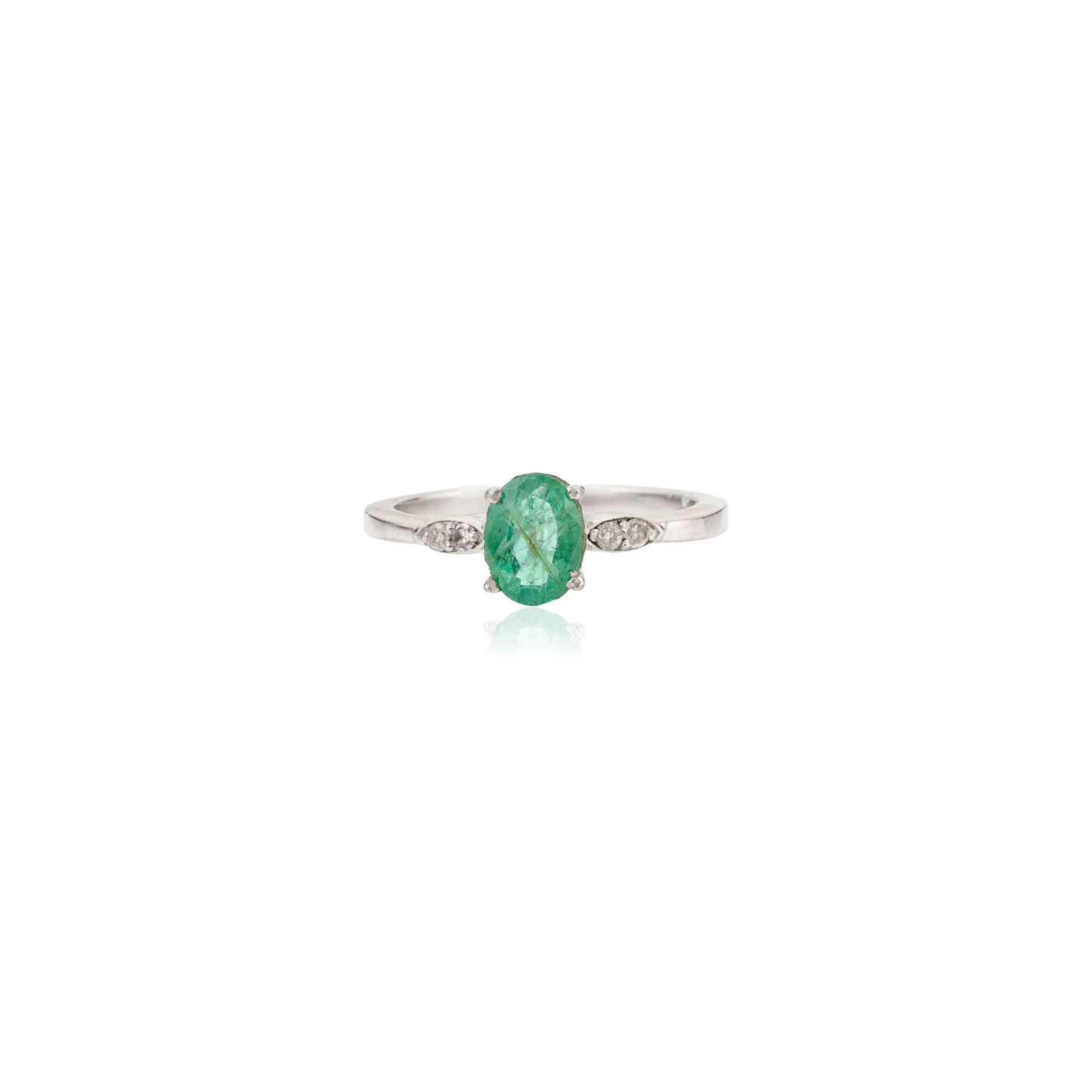 Oval Shape Emerald & Round Cut Diamond Single Stone 925 Sterling Silver Ring Women's Jewelry