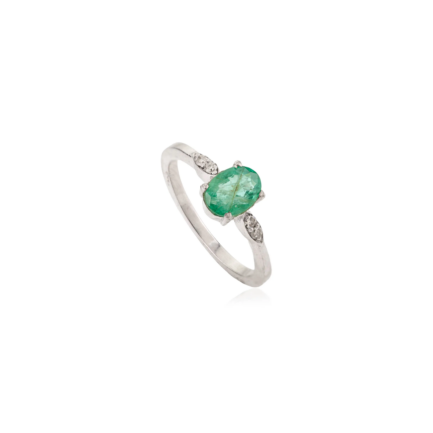 Oval Shape Emerald & Round Cut Diamond Single Stone 925 Sterling Silver Ring Women's Jewelry