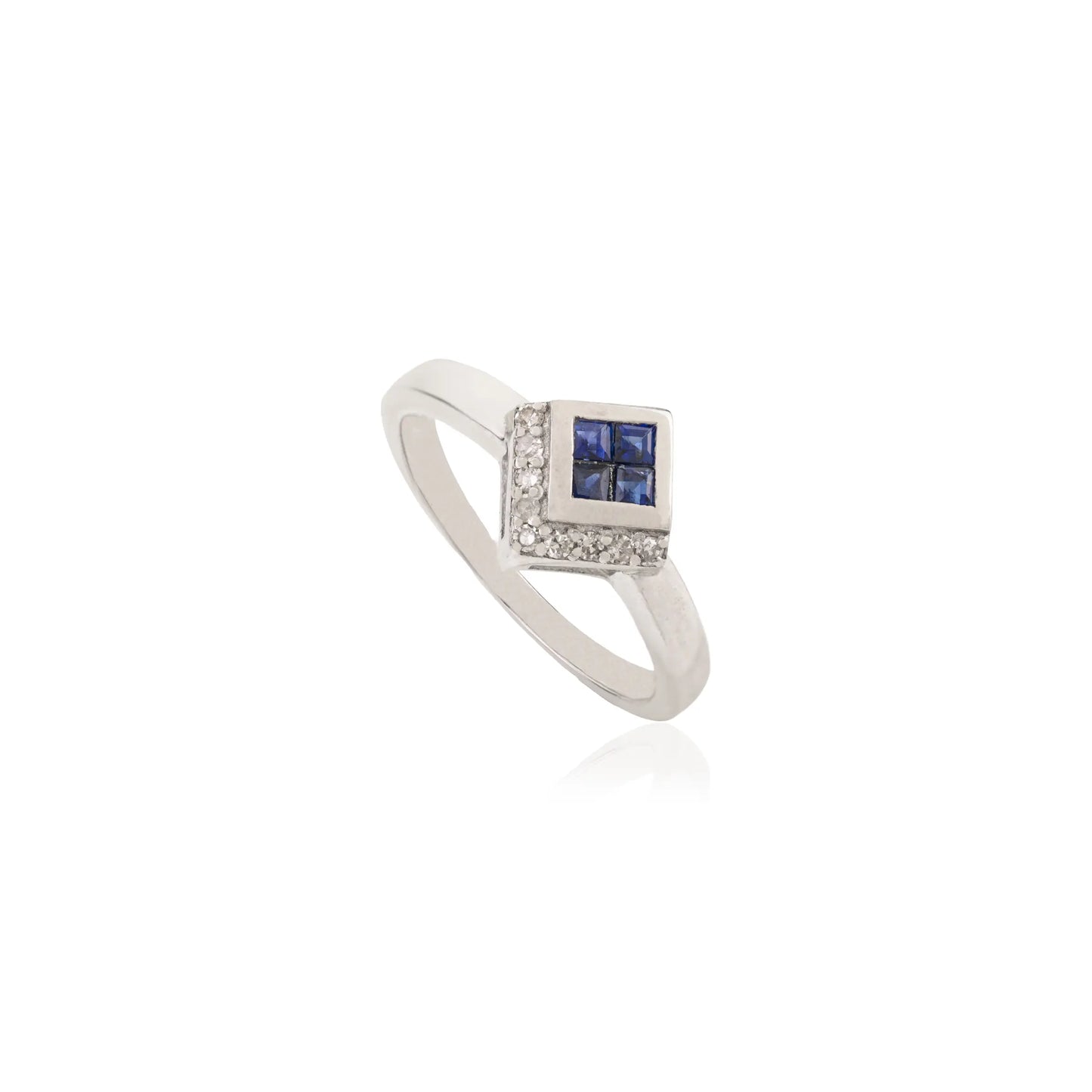 Hot Selling Kite Shape Princess Cut Blue Sapphire & Round Diamond 925 Sterling Silver Ring