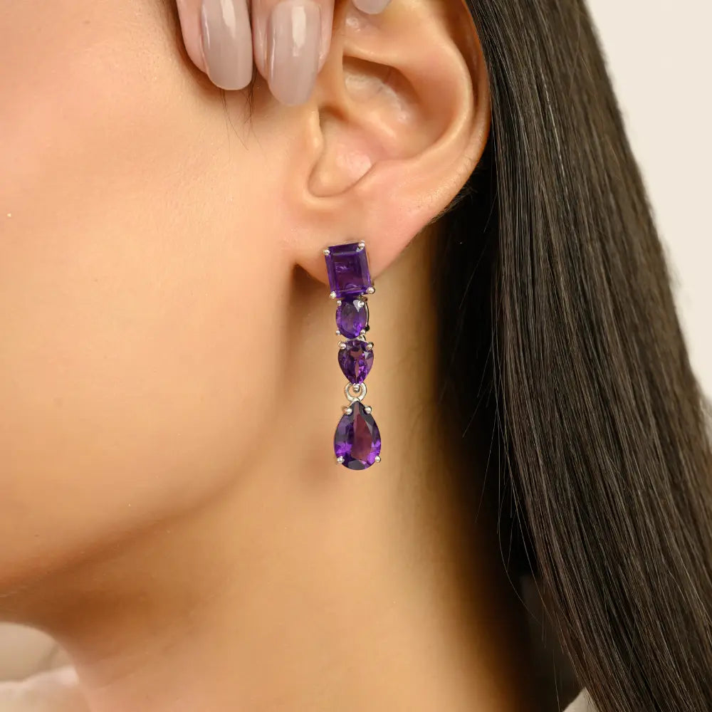 925 Sterling Silver Mixed-Cut Amethyst Drop Earrings With Push Back