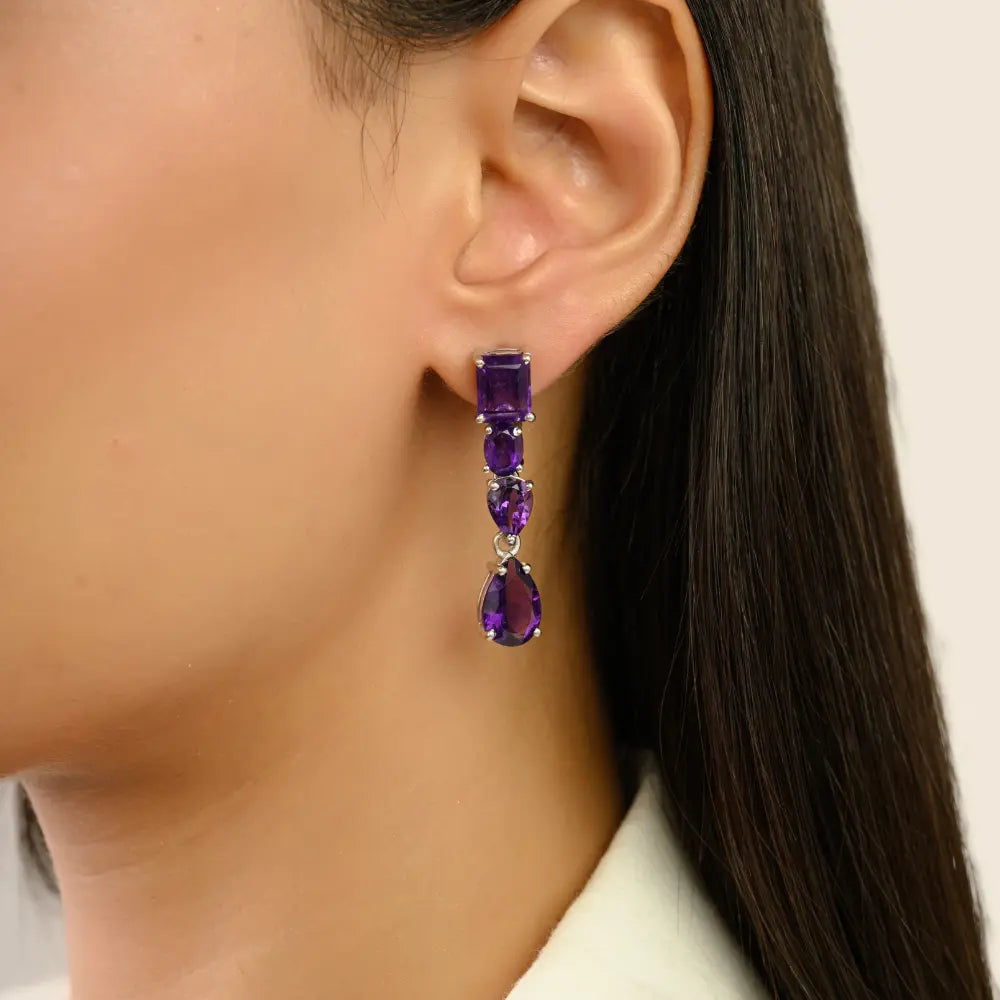 925 Sterling Silver Mixed-Cut Amethyst Drop Earrings With Push Back