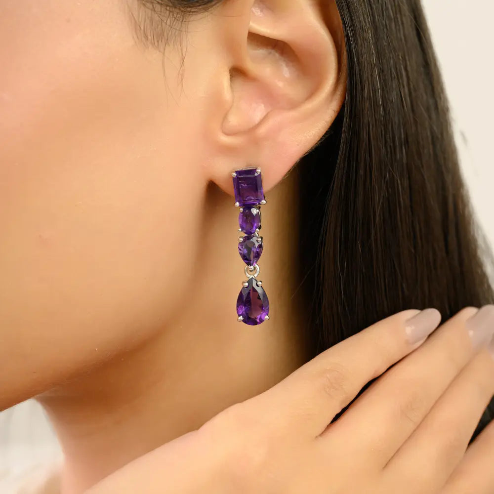 925 Sterling Silver Mixed-Cut Amethyst Drop Earrings With Push Back