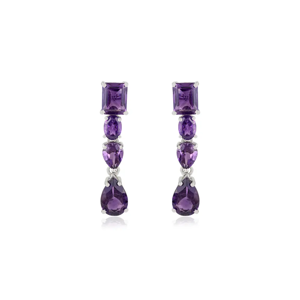 925 Sterling Silver Mixed-Cut Amethyst Drop Earrings With Push Back