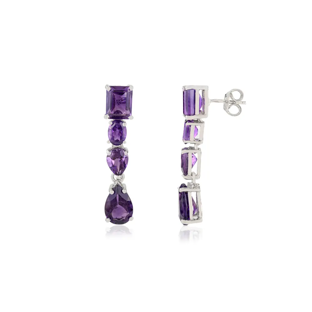 925 Sterling Silver Mixed-Cut Amethyst Drop Earrings With Push Back