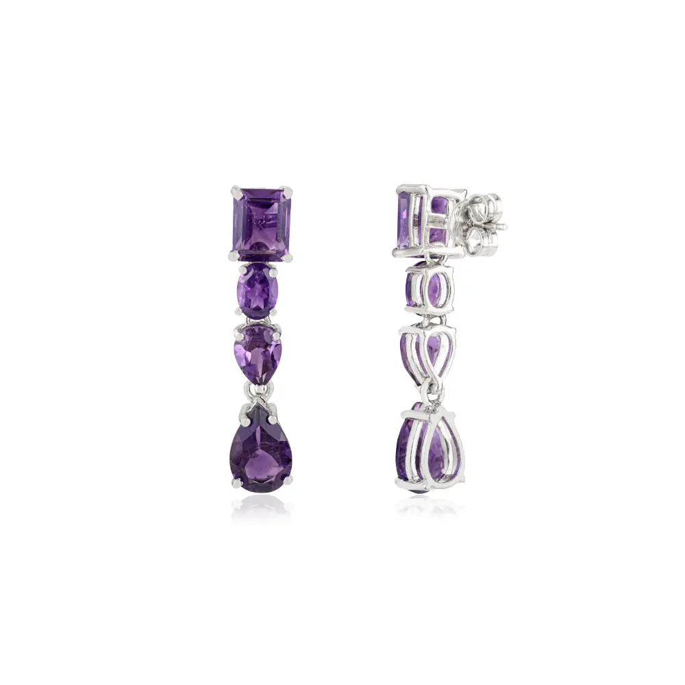 925 Sterling Silver Mixed-Cut Amethyst Drop Earrings With Push Back