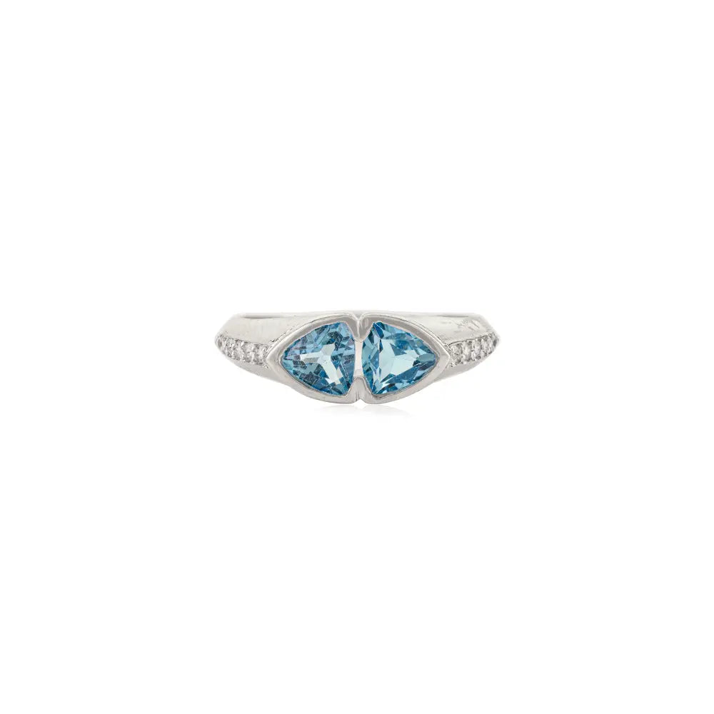 Unique Design Sterling Silver Trillion Cut Blue Topaz Twin Stone Bezel Set Elegant Ring