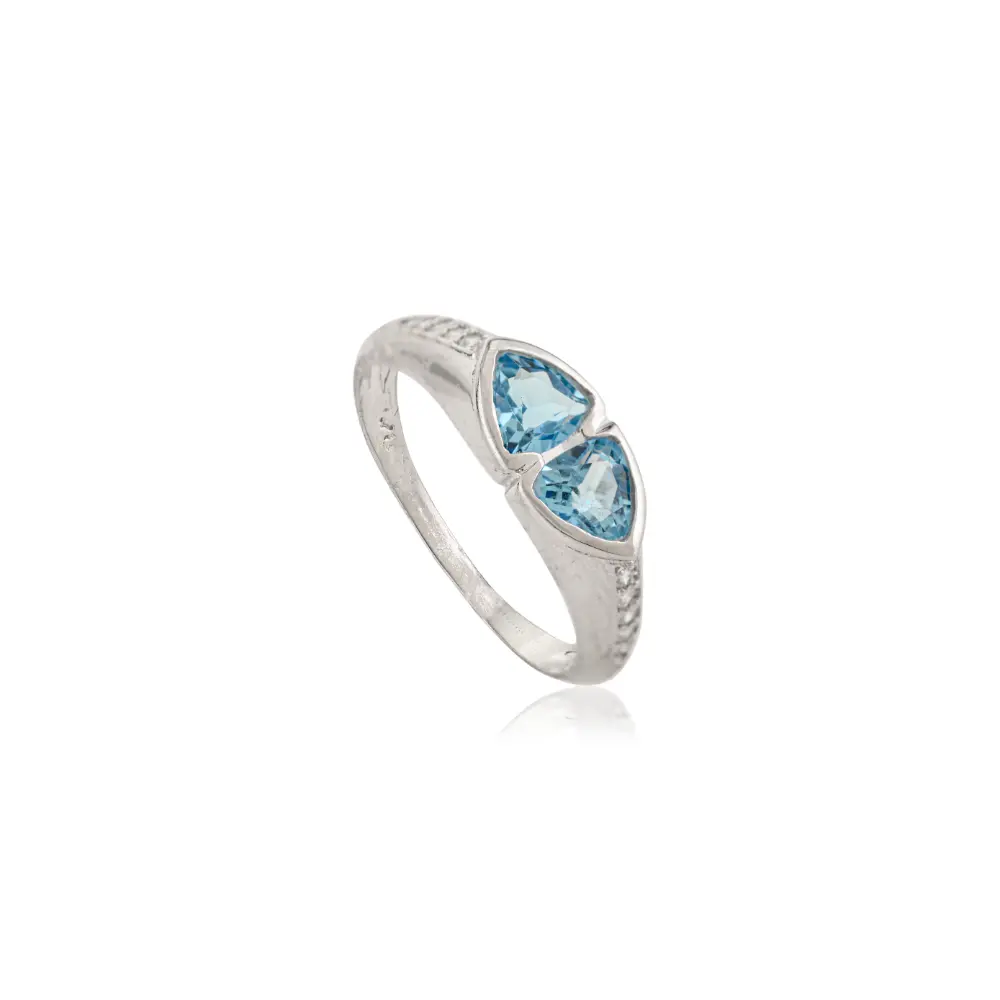 Unique Design Sterling Silver Trillion Cut Blue Topaz Twin Stone Bezel Set Elegant Ring