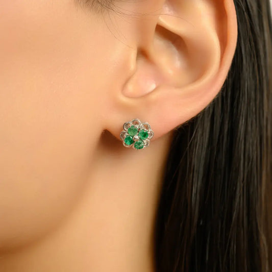 Art Deco Emerald Beautiful Clover Leaf Studs in 925 Sterling Silver