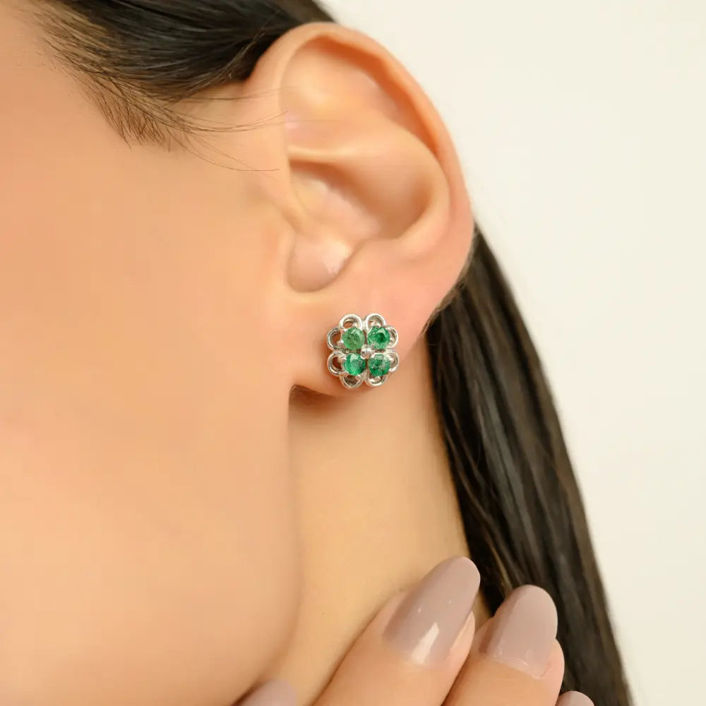 Art Deco Emerald Beautiful Clover Leaf Studs in 925 Sterling Silver