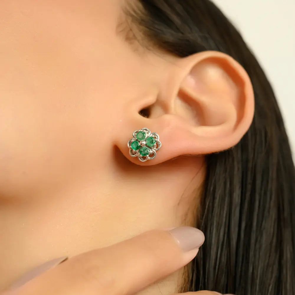 Art Deco Emerald Beautiful Clover Leaf Studs in 925 Sterling Silver