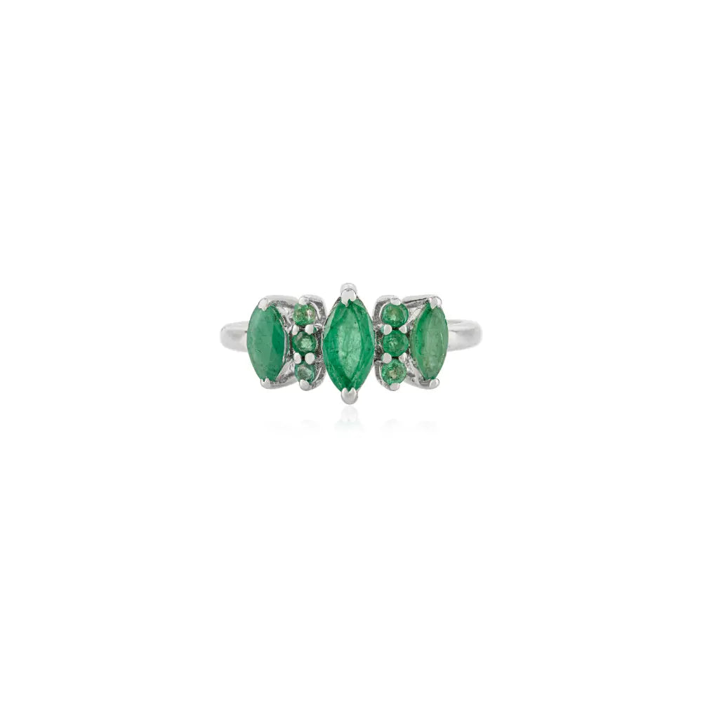 Vintage Style Marquise & Round Cut Emerald Sterling Silver Ring