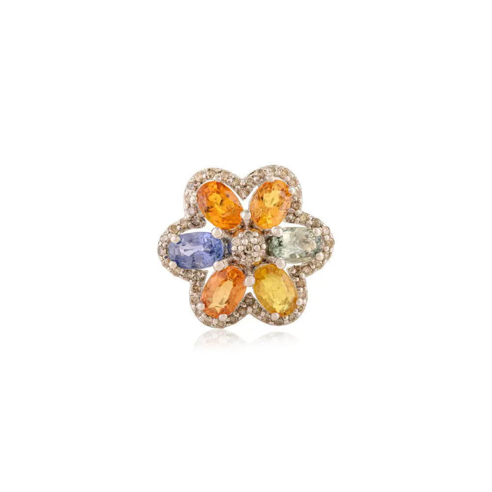 Multi Sapphire 925 Sterling Silver Flower Statement Ring