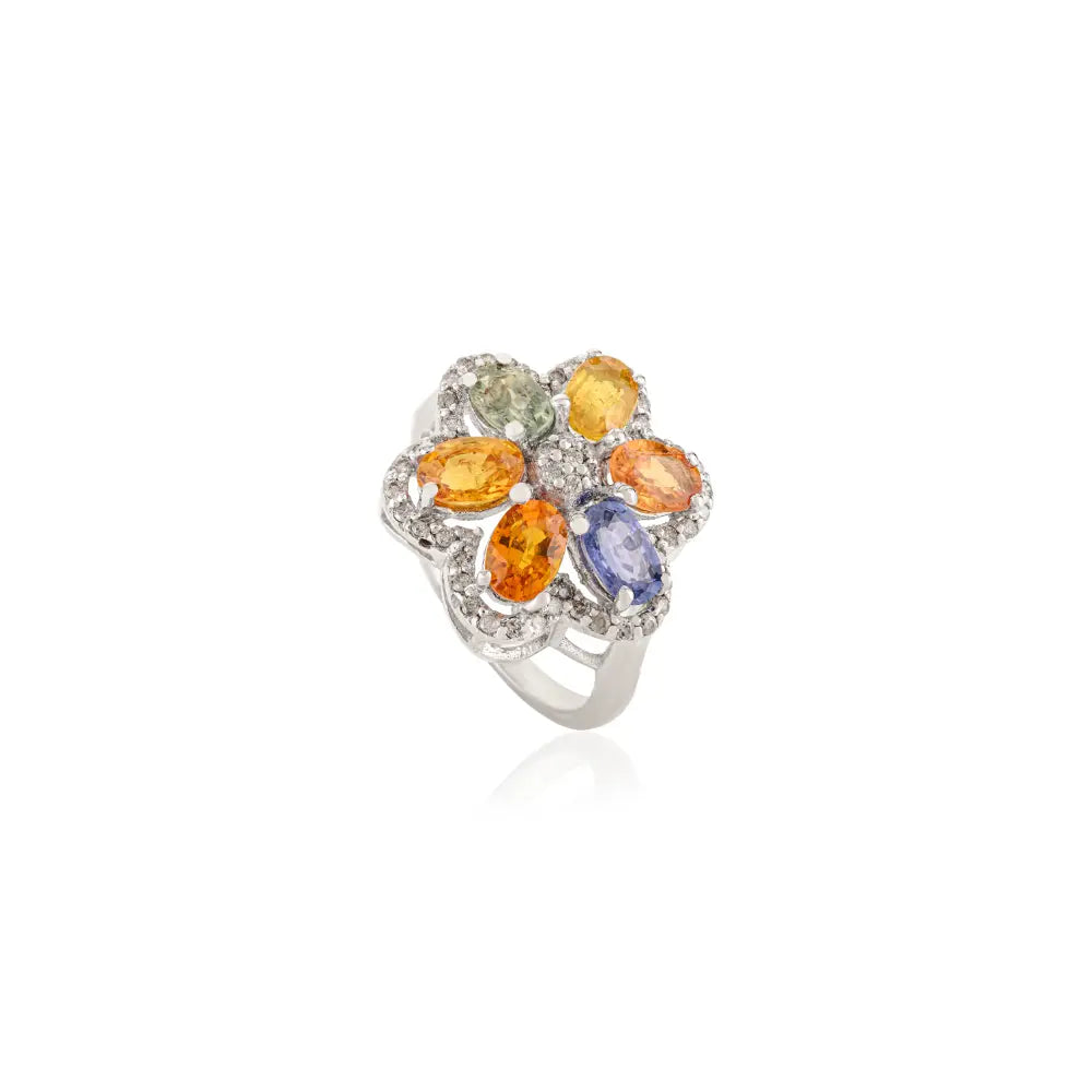 Multi Sapphire 925 Sterling Silver Flower Statement Ring