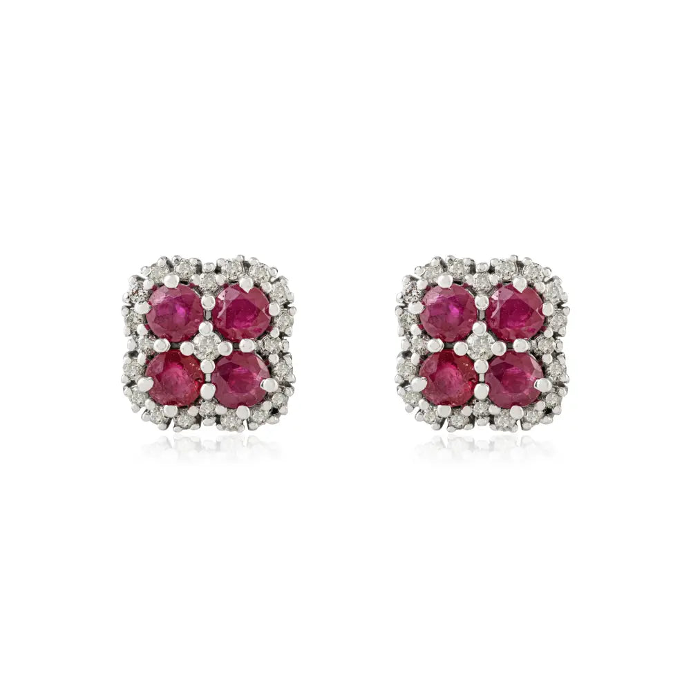 Cluster Design Ruby & Diamond Stud Earrings in Sterling Silver