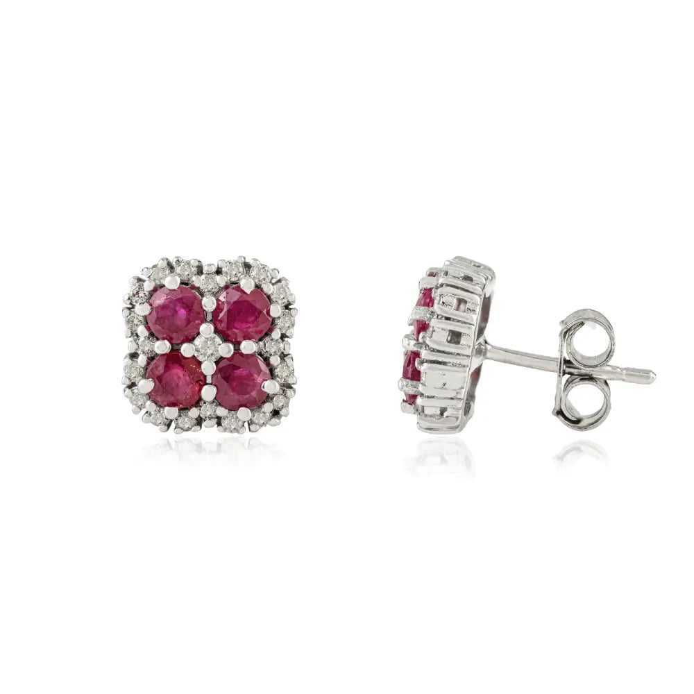 Cluster Design Ruby & Diamond Stud Earrings in Sterling Silver