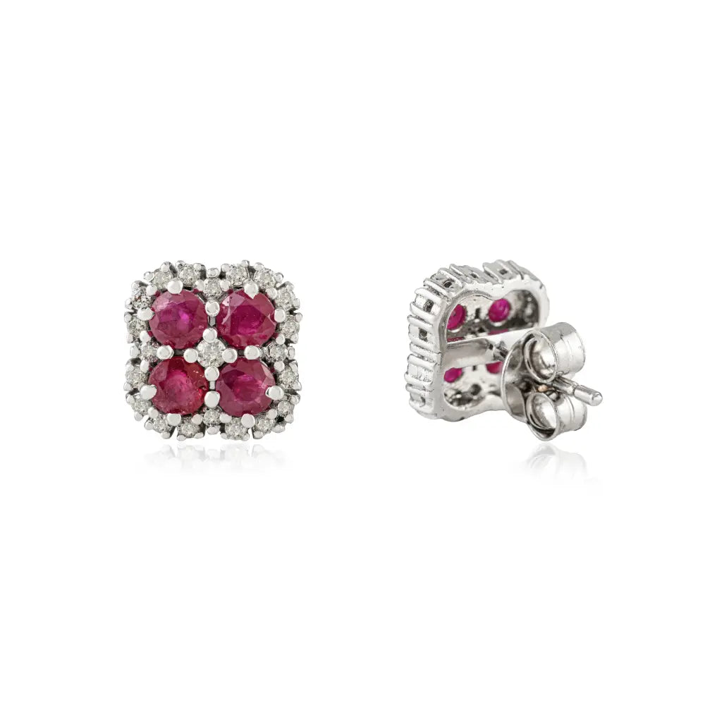 Cluster Design Ruby & Diamond Stud Earrings in Sterling Silver