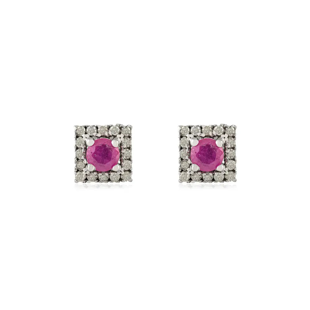 Hot Selling 100% Natural Ruby & Diamond Halo Square Stud Earrings in 925 Sterling Silver