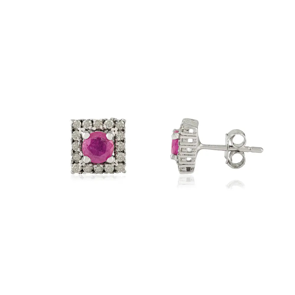Hot Selling 100% Natural Ruby & Diamond Halo Square Stud Earrings in 925 Sterling Silver