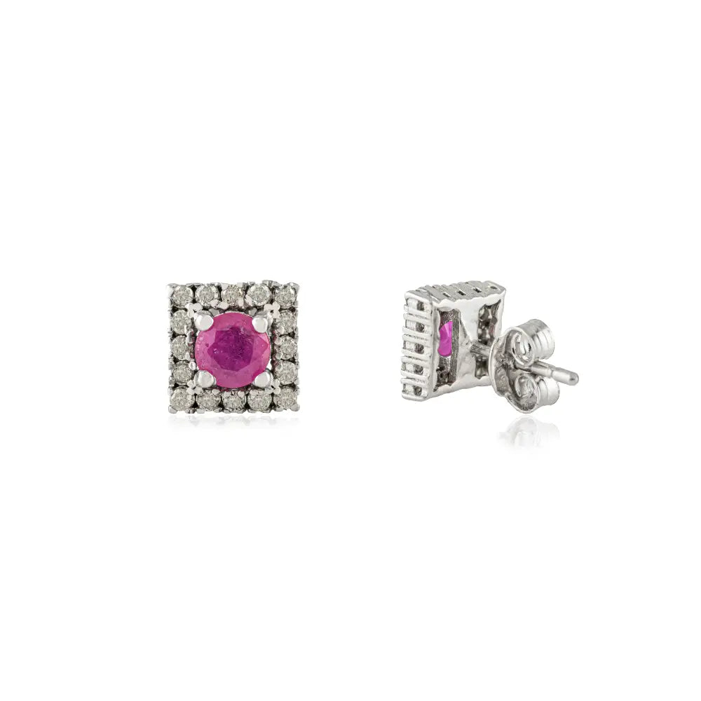 Hot Selling 100% Natural Ruby & Diamond Halo Square Stud Earrings in 925 Sterling Silver