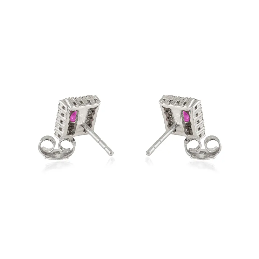 Hot Selling 100% Natural Ruby & Diamond Halo Square Stud Earrings in 925 Sterling Silver