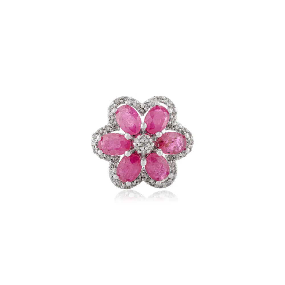 Natural Ruby and Diamond Floral Ring in 925 Sterling Silver