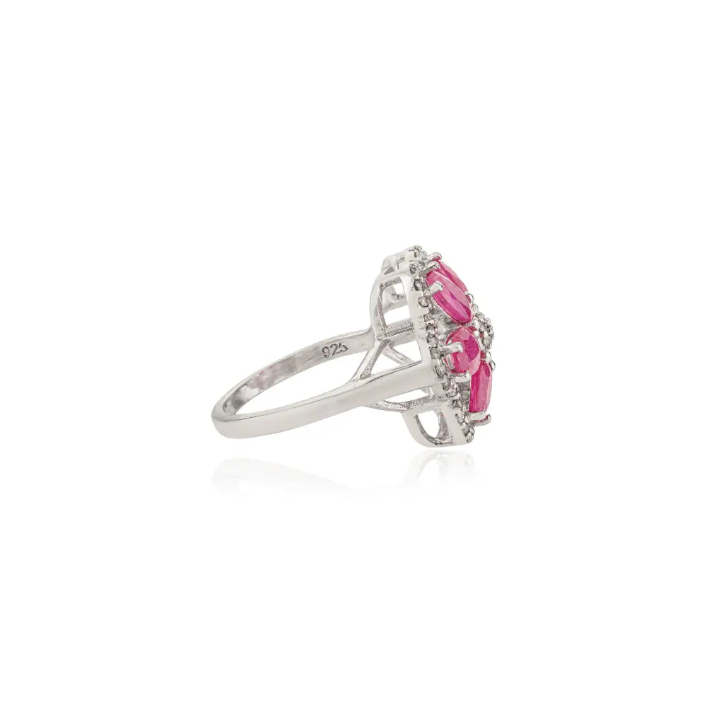 Natural Ruby and Diamond Floral Ring in 925 Sterling Silver
