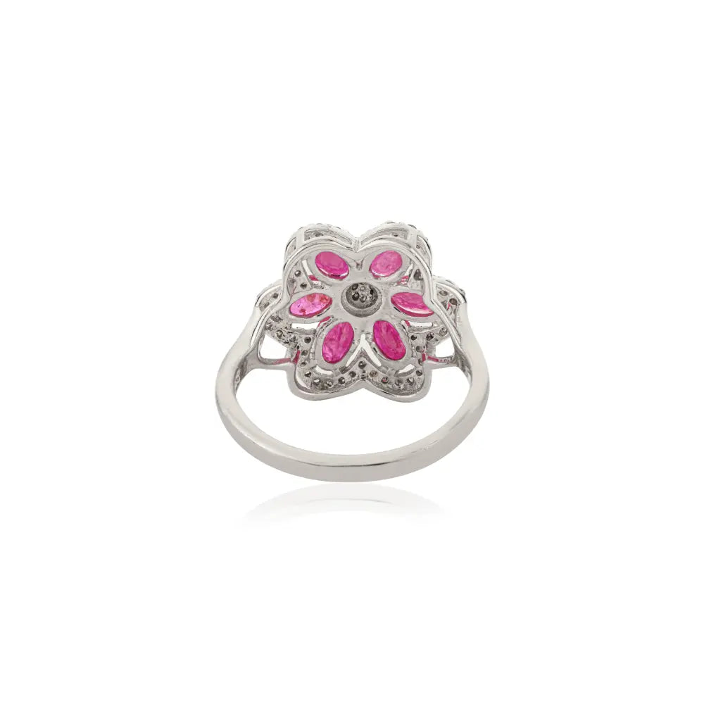 Natural Ruby and Diamond Floral Ring in 925 Sterling Silver