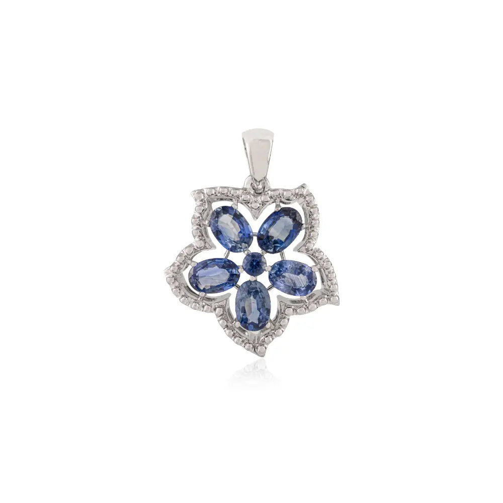 September Birthstone Authentic Blue Sapphire Floral Design Pendant 925 Sterling Silver