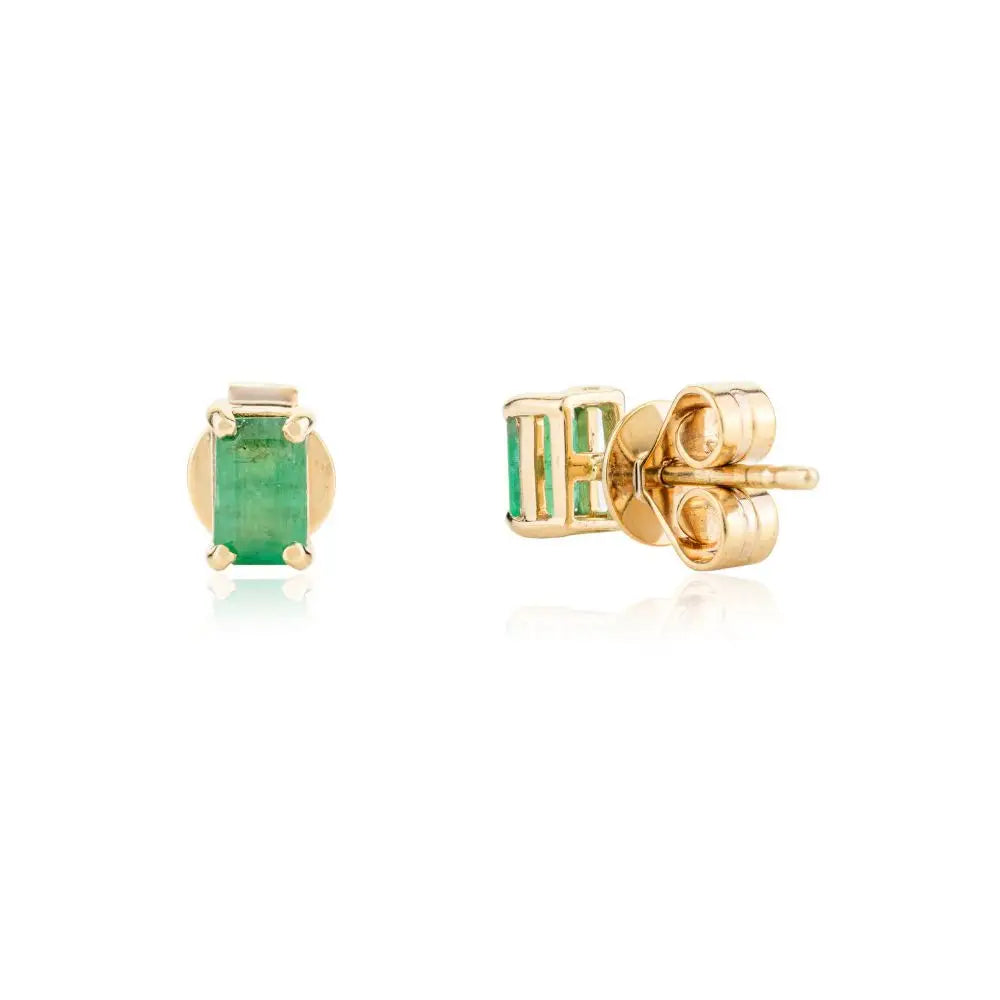 Baguette Cut Natural Emerald & 14k Solid Yellow Gold Stud Earrings