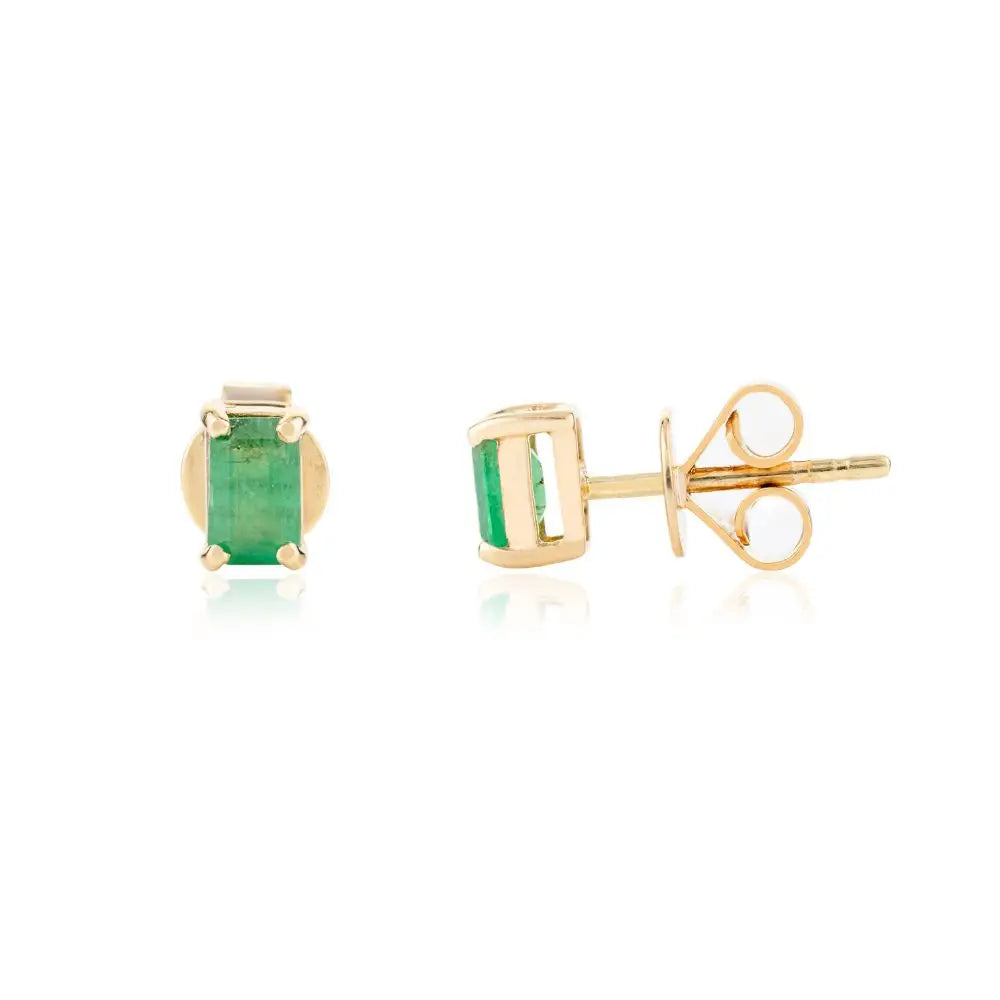 Baguette Cut Natural Emerald & 14k Solid Yellow Gold Stud Earrings