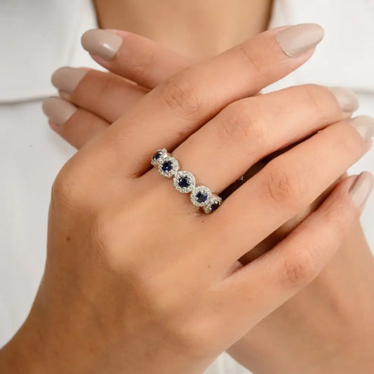 100% Natural Round Cut Blue Sapphire and Diamond With 18k White Gold Ring Jewelry