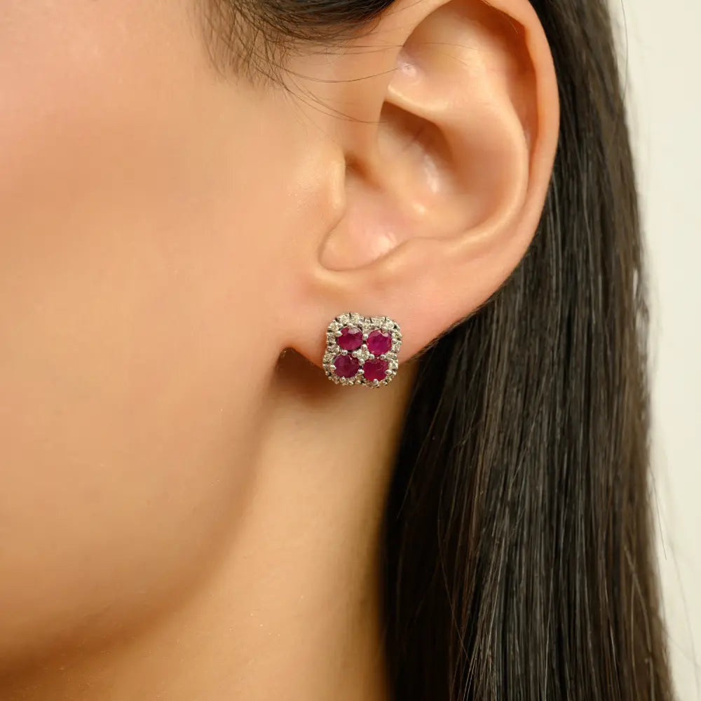 Cluster Design Ruby & Diamond Stud Earrings in Sterling Silver