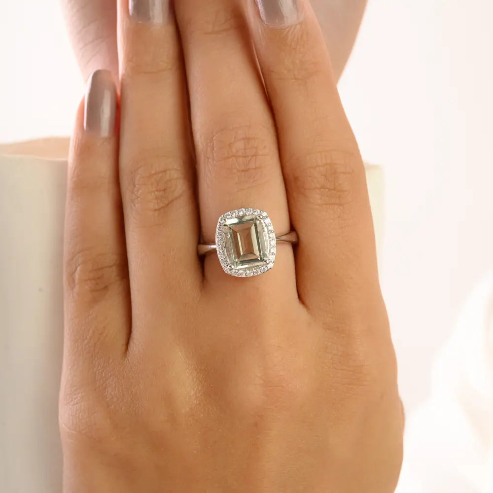 Green Amethyst Cushion Cut 925 Silver Halo Ring for Women