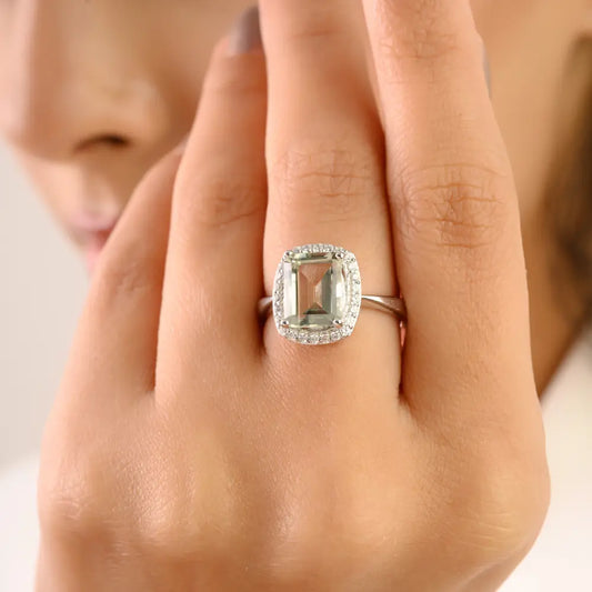 Green Amethyst Cushion Cut 925 Silver Halo Ring for Women