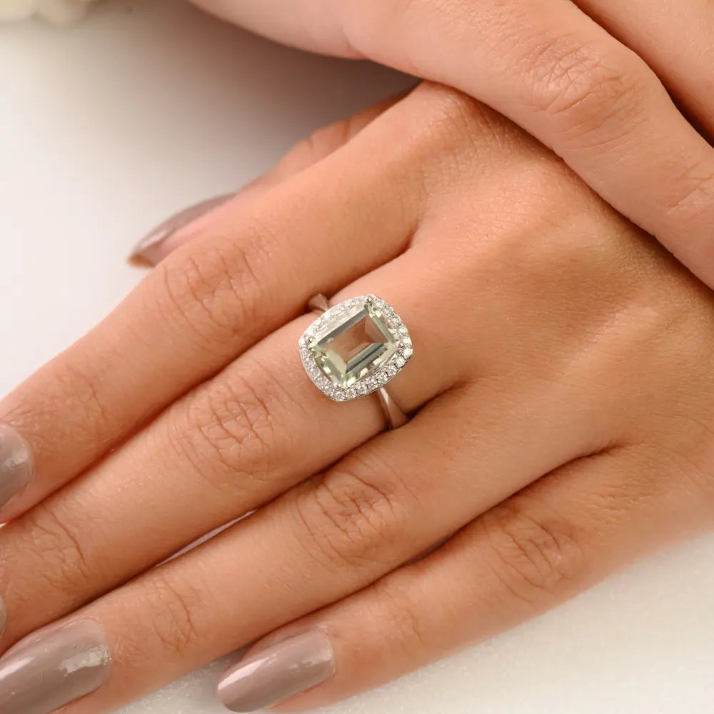 Green Amethyst Cushion Cut 925 Silver Halo Ring for Women
