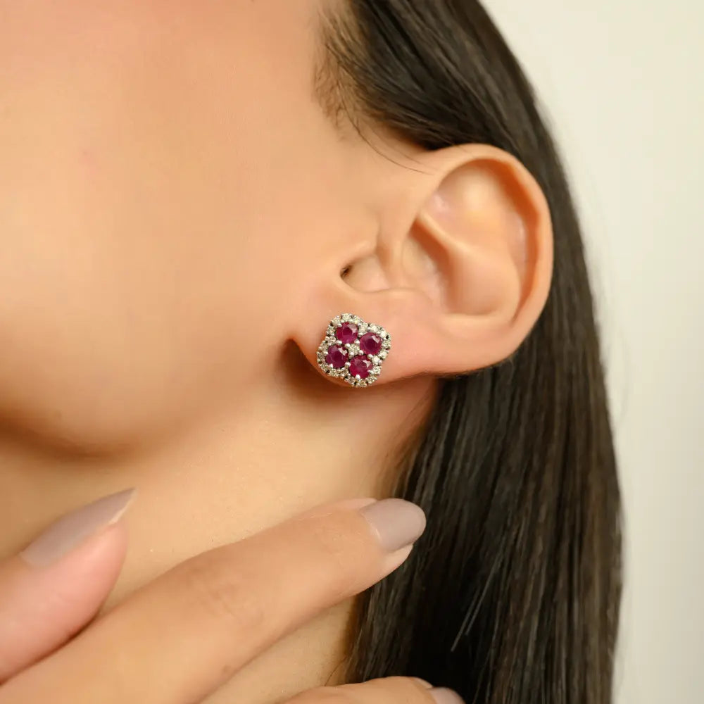 Cluster Design Ruby & Diamond Stud Earrings in Sterling Silver