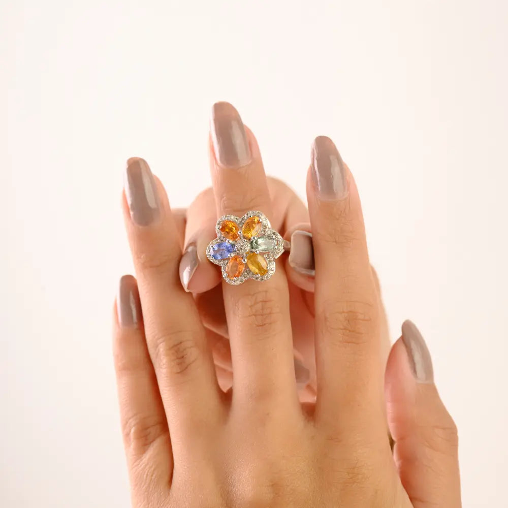 Multi Sapphire 925 Sterling Silver Flower Statement Ring