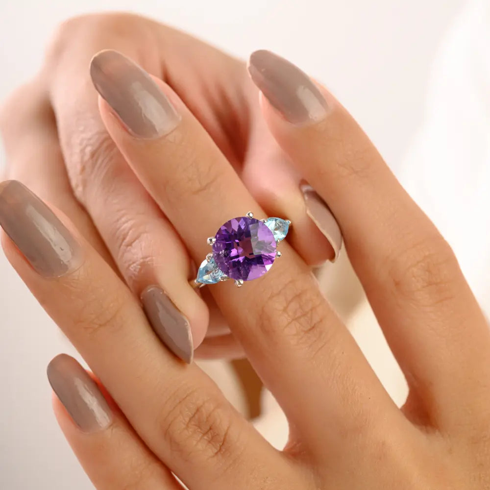 Amethyst & Blue Topaz Three-Stone Ring in 925 Sterling Silver