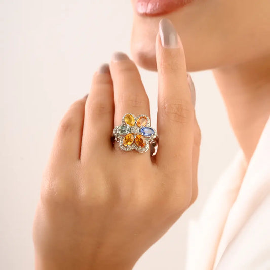 Multi Sapphire 925 Sterling Silver Flower Statement Ring