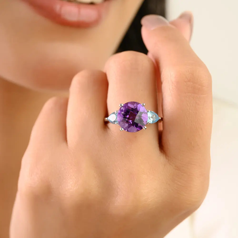 Amethyst & Blue Topaz Three-Stone Ring in 925 Sterling Silver