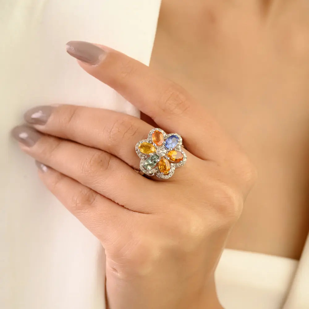 Multi Sapphire 925 Sterling Silver Flower Statement Ring