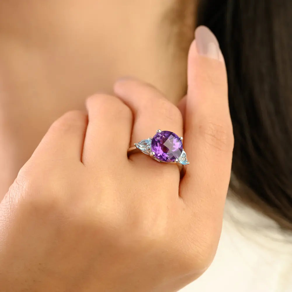 Amethyst & Blue Topaz Three-Stone Ring in 925 Sterling Silver