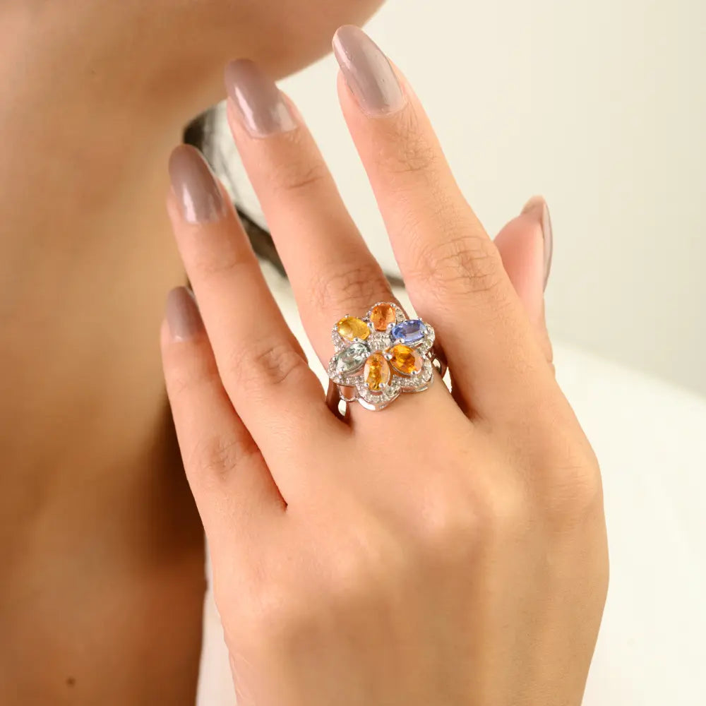 Multi Sapphire 925 Sterling Silver Flower Statement Ring