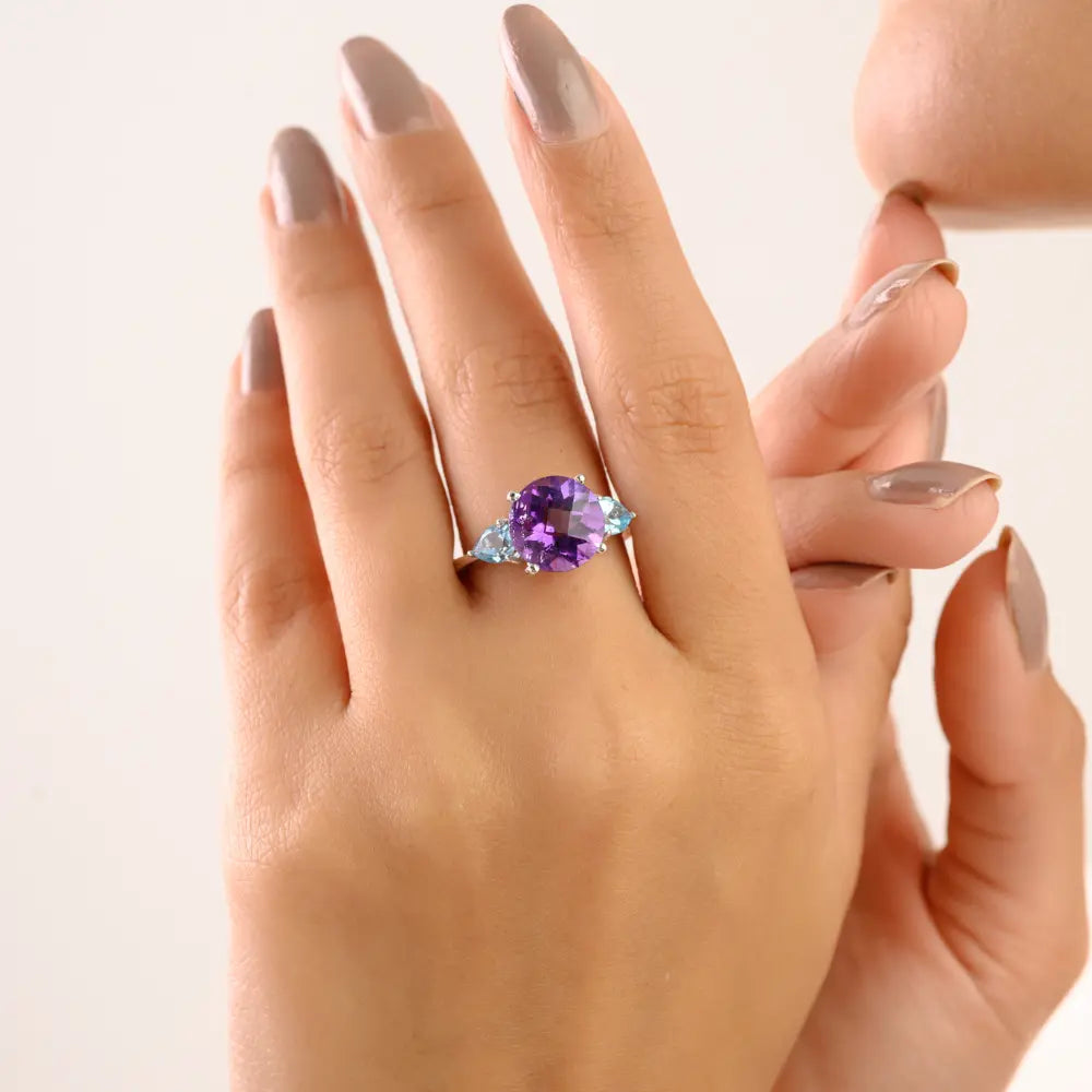 Amethyst & Blue Topaz Three-Stone Ring in 925 Sterling Silver