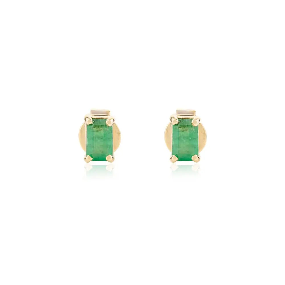 Baguette Cut Natural Emerald & 14k Solid Yellow Gold Stud Earrings