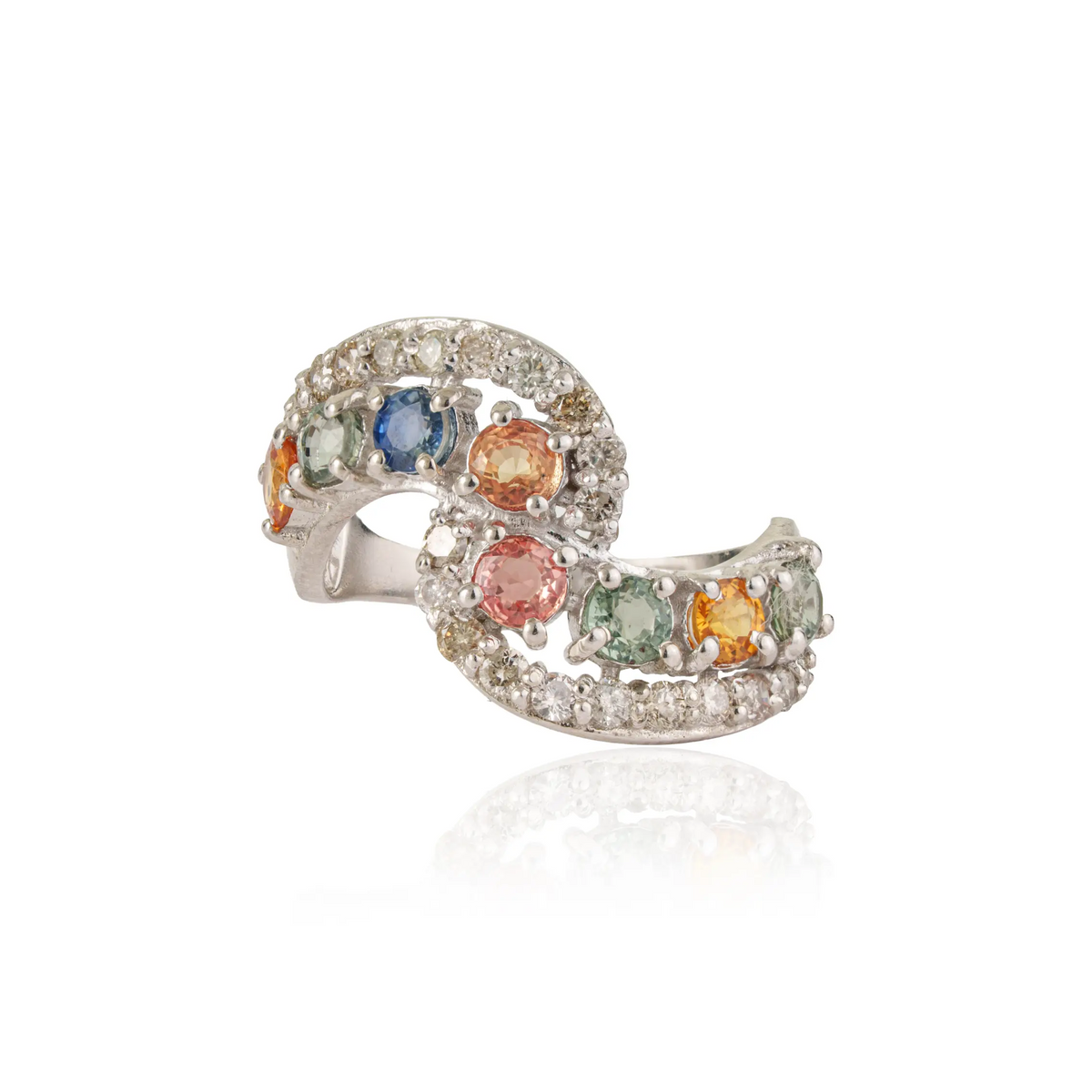High Quality Multi Sapphire & Diamond 925 Sterling Silver Crossover Design Curved Band Ring