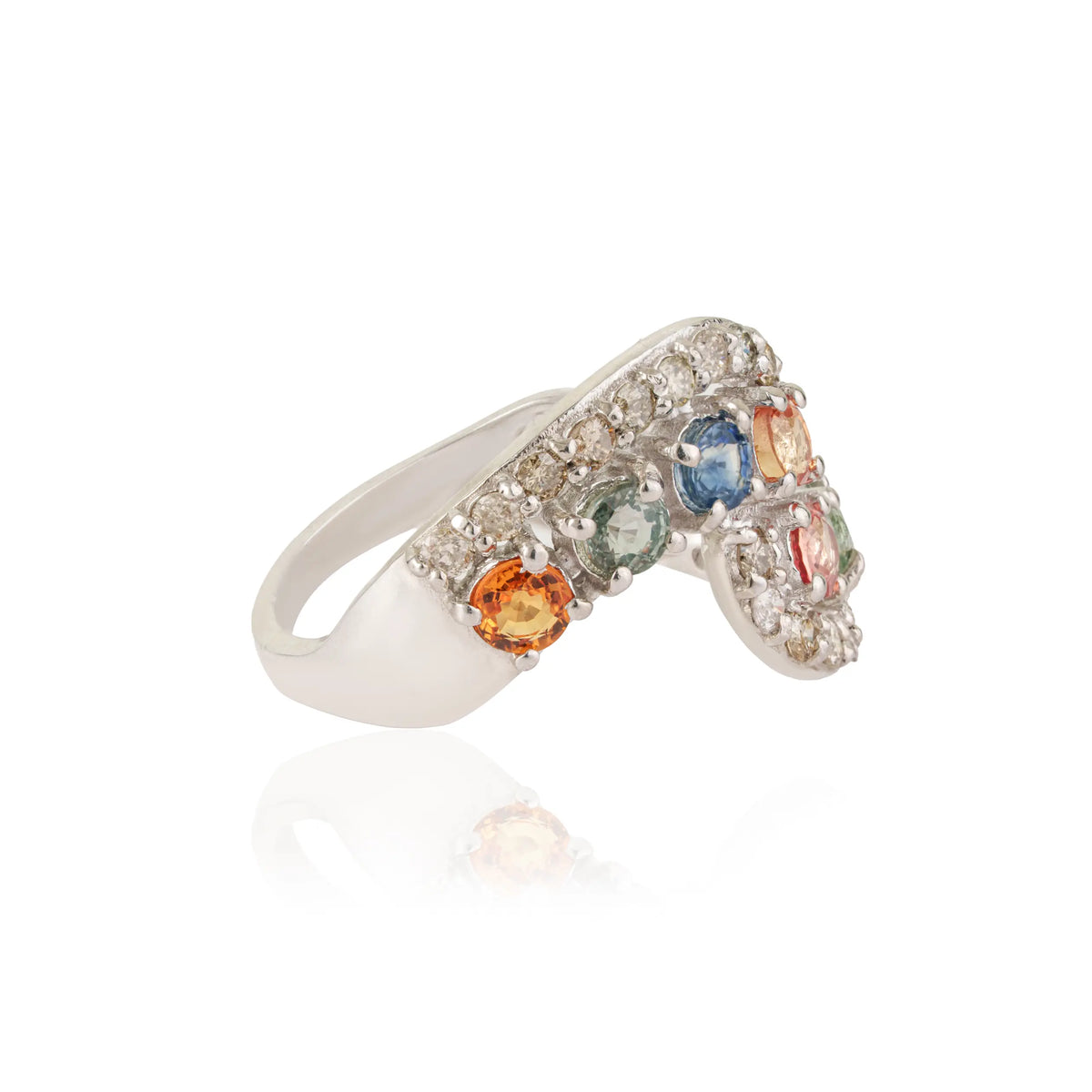 High Quality Multi Sapphire & Diamond 925 Sterling Silver Crossover Design Curved Band Ring